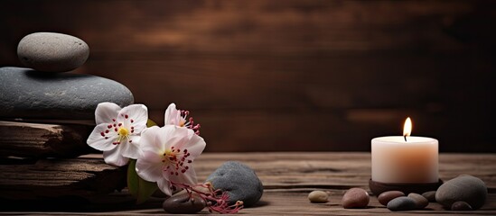 A serene spa inspired composition featuring stones flowers and a flickering candle on a rustic wood backdrop Perfect for a copy space image