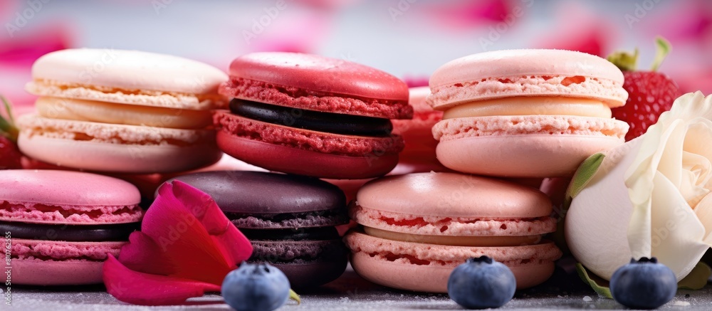 Poster close up of sweet and colorful french macaroons made from rose petals blueberry and vanilla the maca
