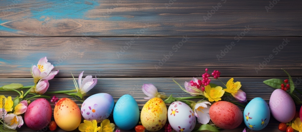 Aufkleber a festive easter spring card with colored eggs placed on a wooden background providing a perfect cop