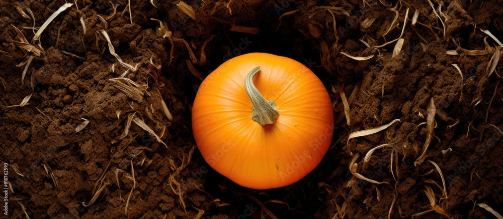 Aufkleber A top view of a Hokkaido pumpkin growing on a compost with ample space for use as a copy space image