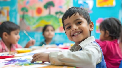 Obraz premium A Happy Young Child Smiling and Working on a Painting at a Table Fictional Character Created By Generative AI. 