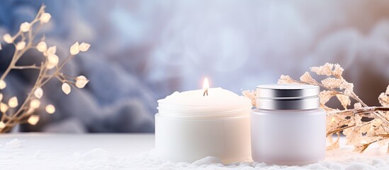 Winter themed cosmetics for moisturizing dry skin displayed in a banner with a festive Christmas decoration on a paper backdrop Copy space image