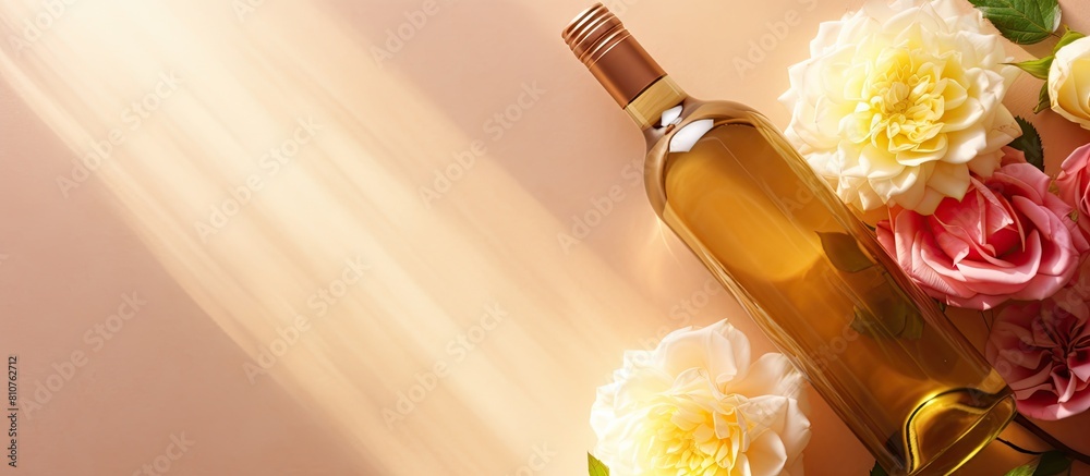 Poster A top down view of shimmering rose and white wine in a wine bottle with a burst of sunlight on a beige background The image has empty space for text It represents a festive summer theme perfect for h