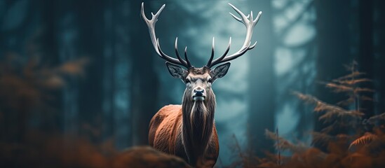 In the forest encounter a close up image of a wild elk in its natural habitat with ample copy space