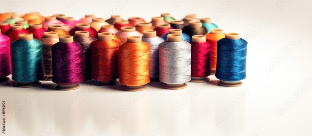 Poster Copy space image of a cluster of sewing spools and two needles set against a white background casting authentic shadows