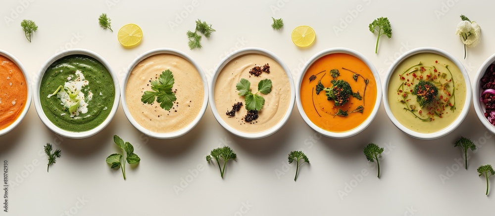 Poster copy space image of a panoramic top view displaying a range of creamy vegetable soups served in smal