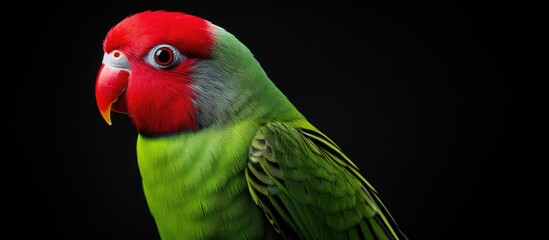 Obraz premium The Kramer s Parakeet also known as Psittacula krameri is a visually striking bird characterized by its vibrant green plumage and distinctive red beak. Creative banner. Copyspace image