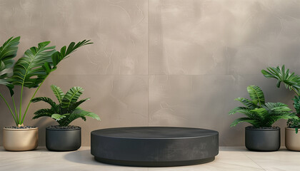 Dark grey cylindric podium for product placement, beige background with plants and sunlight