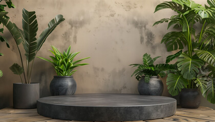 Dark grey cylindric podium for product placement, beige background with plants