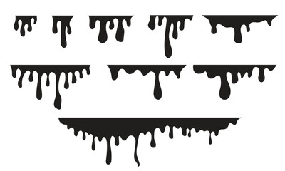 Color changeable liquid paint dripping. Oil stain. Waste pollution sign, symbol. Black ink streak, fluid smudge. Horror bloodshot spot, bruise, fuel seep. Vector illustration, transparent background