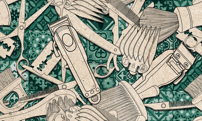 Obraz premium Seamless barber tools pattern illustration wood textured background and wallpaper design. 