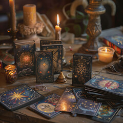 vintage vintage style deck of tarot cards. magical predictions of the future, mysterious characters. AI generated	