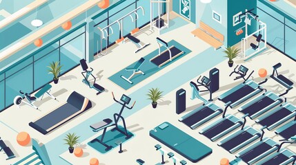 Fototapeta premium Isometric fitness center flat design top view health club layout theme water color Analogous Color Scheme