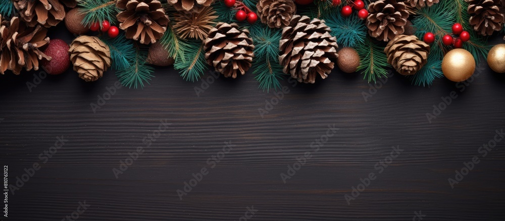 Poster Top view of a Christmas themed composition with pine cones and colored paper border representing the holiday season The image has a flat lay style and features copy space