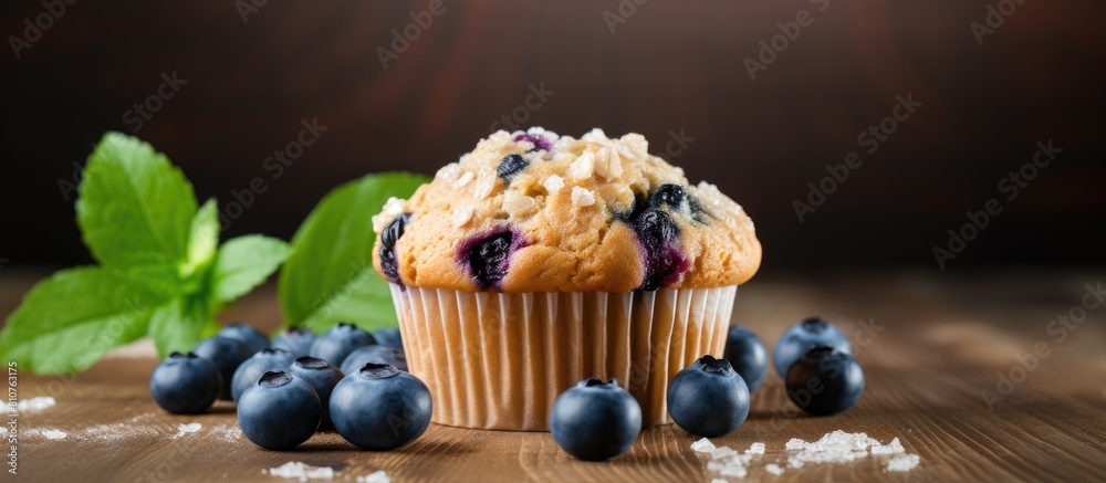 Poster a delicious blueberry muffin made with oats is displayed on a wooden background ready to be baked th