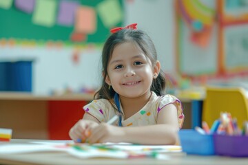 Little girl enjoying her time in a colorful art room Fictional Character Created By Generative AI. 