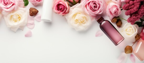 Top view of fancy healthcare bottles containing serum micellar water tonic toner lotion and cream with rose flower in an organic spa cosmetics concept The image is a mockup template with copy space