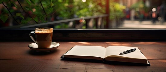 A copy space image showcasing a notebook placed on a table in a coffee shop close up