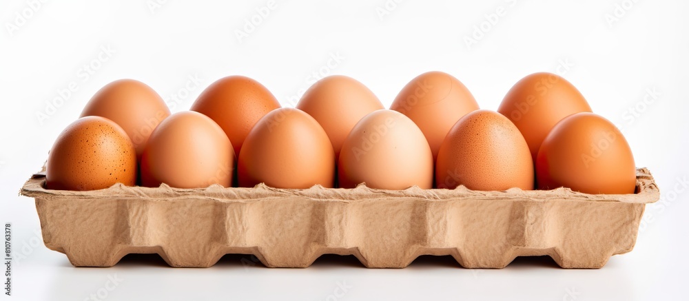Poster a cardboard box filled with chicken eggs placed on a white background with ample space for copying t