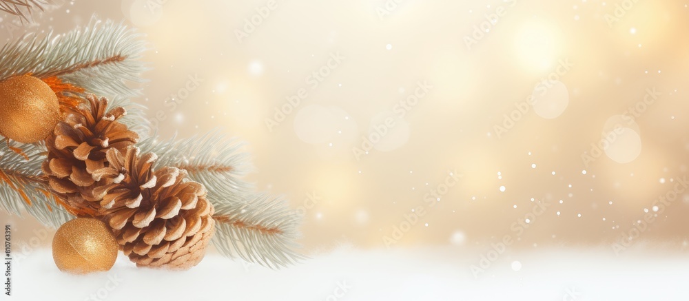 Poster festive christmas copy space image features a snowy white spruce branch adorned with cones on a gold