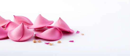 Copy space image with pink fortune cookies and paper on a white background