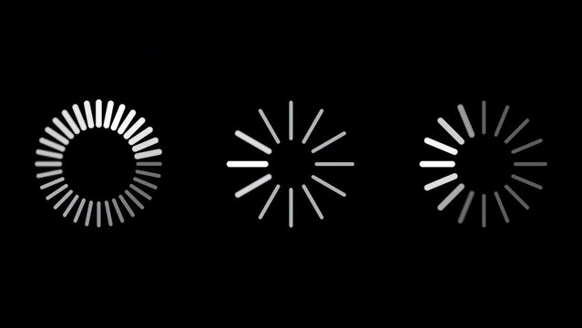 Pack of three white loading icons, each representing a different style of loading or buffering animation, on a black background