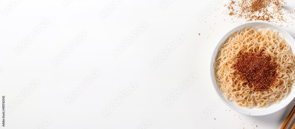 Poster A top down view of a white background copy space image featuring instant noodles seasoned with pepper accompanied by chopsticks