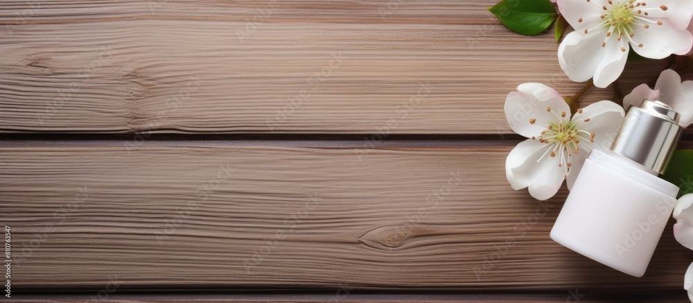 Poster on a light wooden backdrop there is a copy space image featuring face cosmetics nail polish and whit
