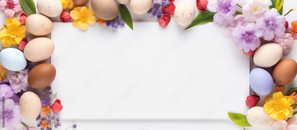Poster a high quality photo of an easter composition with colorful eggs blooming flowers and a blank paper 
