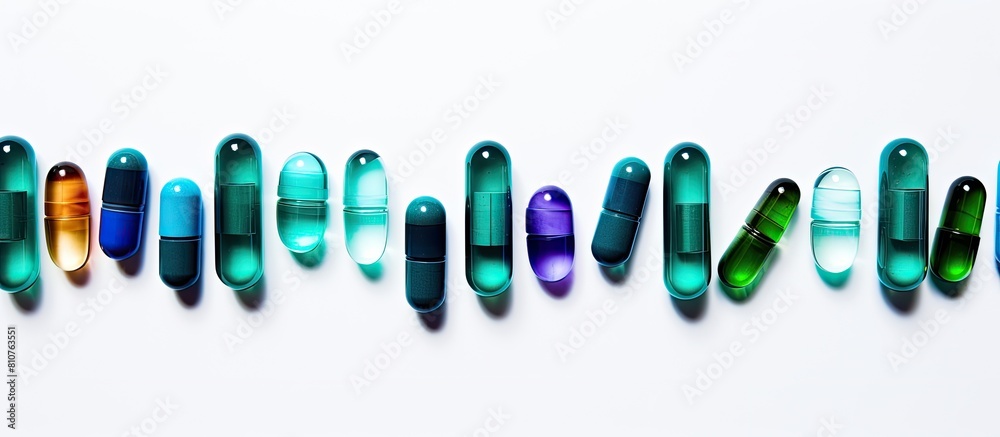 Poster a colorful assortment of medicine capsules in shades of blue and green displayed against a white bac