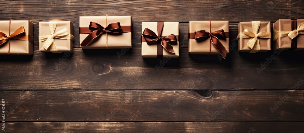 Aufkleber Top view of gift boxes on a wooden background with ample space for adding images or text