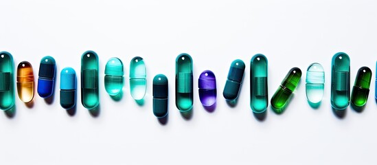 A colorful assortment of medicine capsules in shades of blue and green displayed against a white background providing ample copy space for text or other creative elements in the image