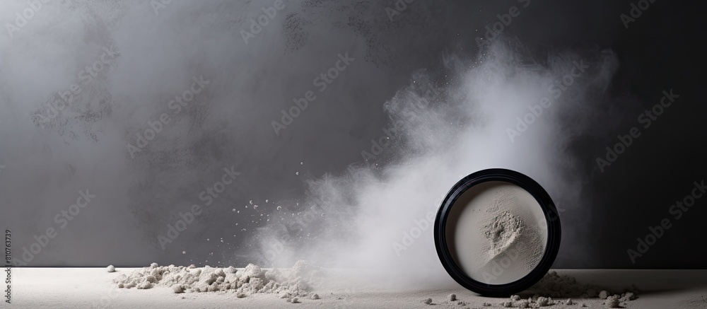 Poster Light grey background with an open face powder and mirror leaving ample space for text in the image