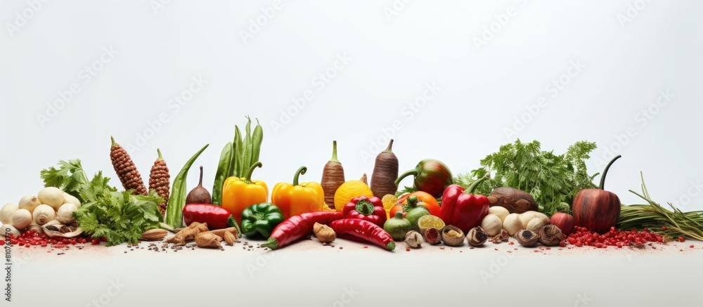 Poster Gray background image with assorted pepper types and blank space for text. Creative banner. Copyspace image