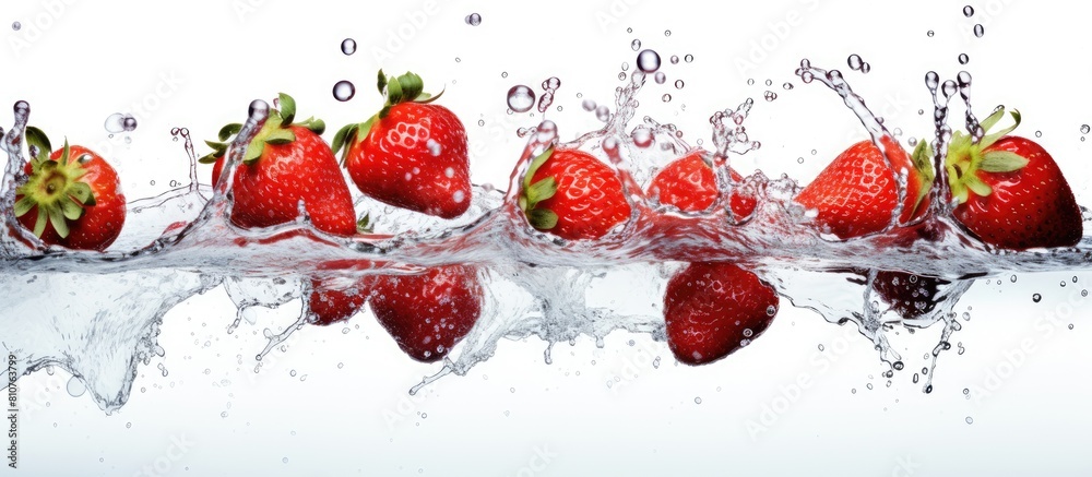Poster a copy space image featuring ripe strawberries submerged in a vibrant water splash against a white b