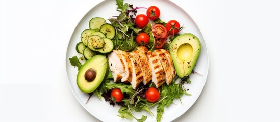 A healthy lunch featuring grilled chicken fillet and vegetable salad topped with avocado photographed from above with a white background The image provides empty space for text or other additions
