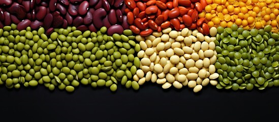 Fototapeta premium Top view of a colorful assortment of beans and peas with ample space for copy in the image