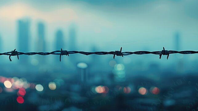 The abstract hint of barbed wire against a blurry city backdrop sets the stage for a thought provoking reflection on the concept of freedom