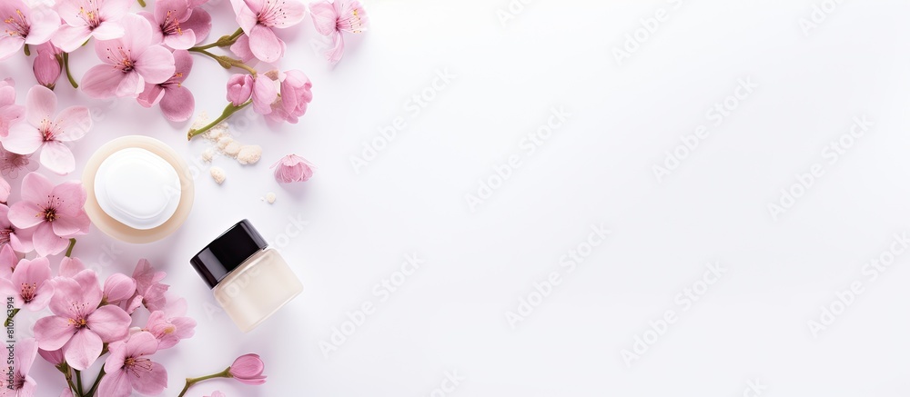 Aufkleber White paper background with spa cosmetic products arranged in a flat lay style Ideal for creating copy space image