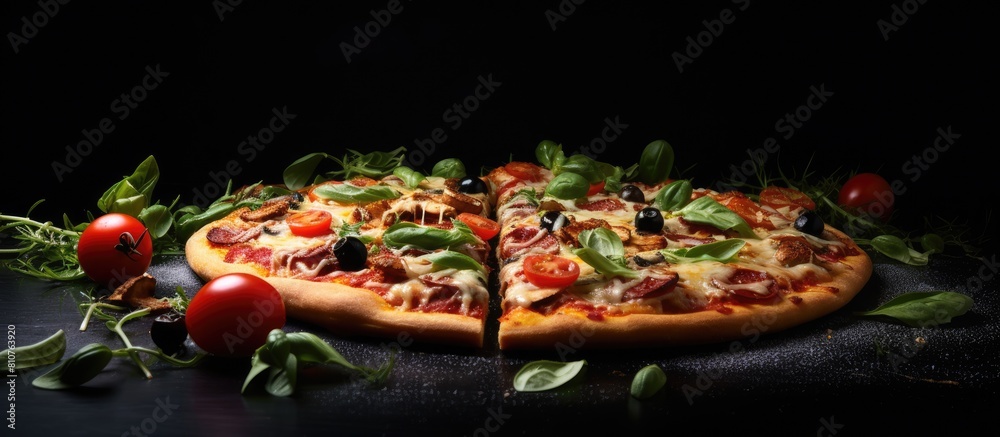 Poster the image features a vegetarian pizza on a dark background. creative banner. copyspace image