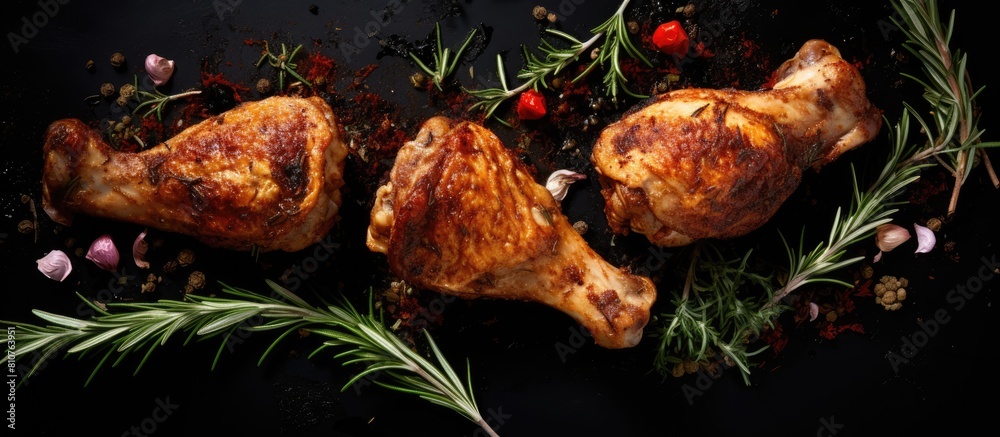 Poster a top down view of fried chicken legs garnished with rosemary garlic and chili with a blank space fo