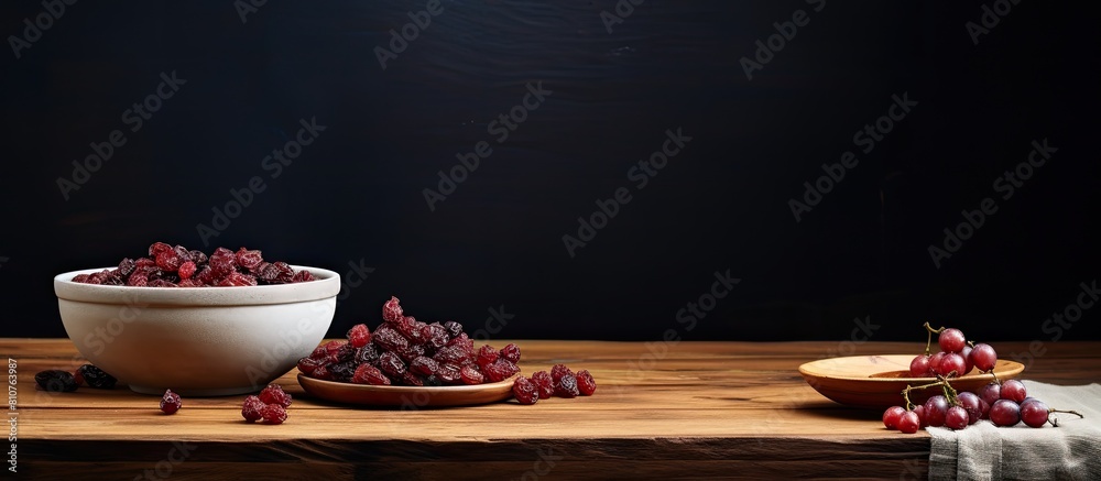 Poster the wooden table serves as a backdrop for a porcelain bowl brimming with succulent dried sour cherri
