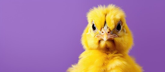 A cute youthful yellow chicken is seen from the front on a purple background with ample space available for copy
