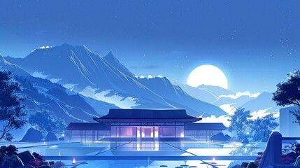 A beautiful watercolor painting of a Japanese temple in a mountainous setting