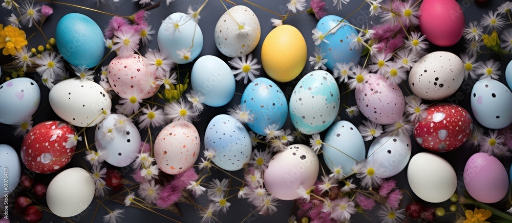 Poster colorful easter eggs arranged on a table with gypsophila flowers creating a vibrant composition the 