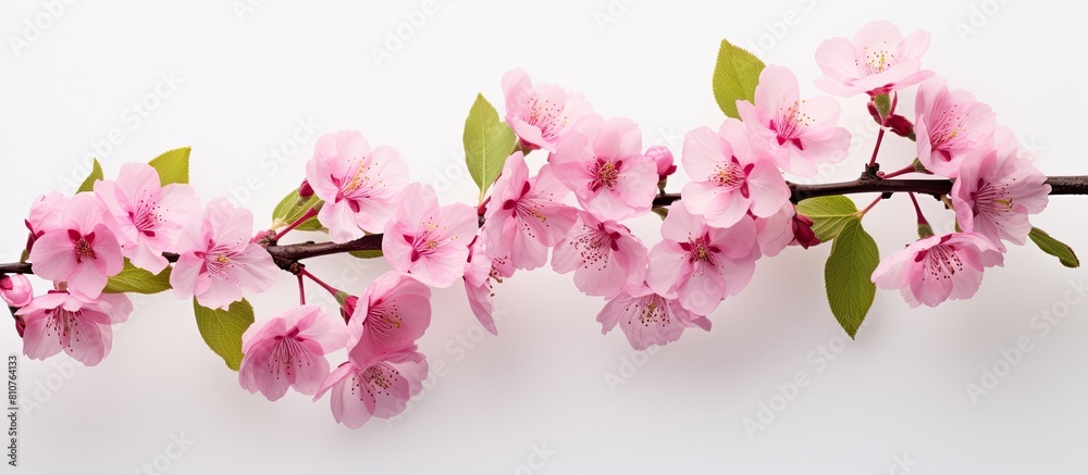 Fototapete Flat lay image of a cherry tree branch adorned with exquisite pink blossoms set against a light background Ideal for adding text. Creative banner. Copyspace image