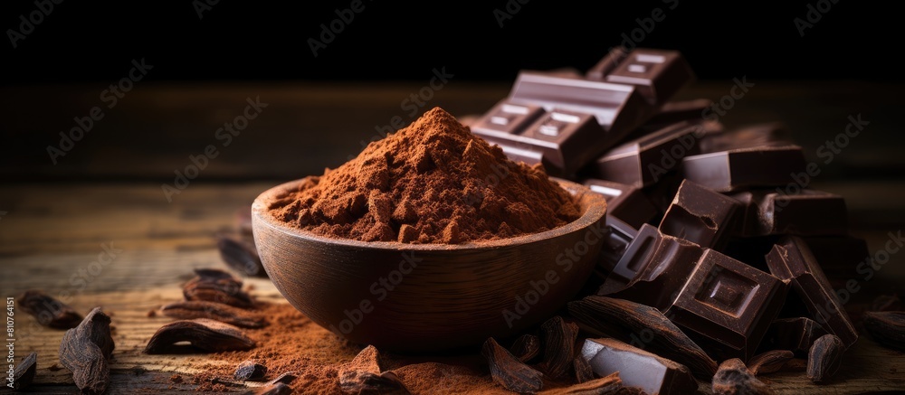 Poster Close up image of cocoa powder and dark chocolate arranged on an aged wooden table creating an enticing composition with ample copy space