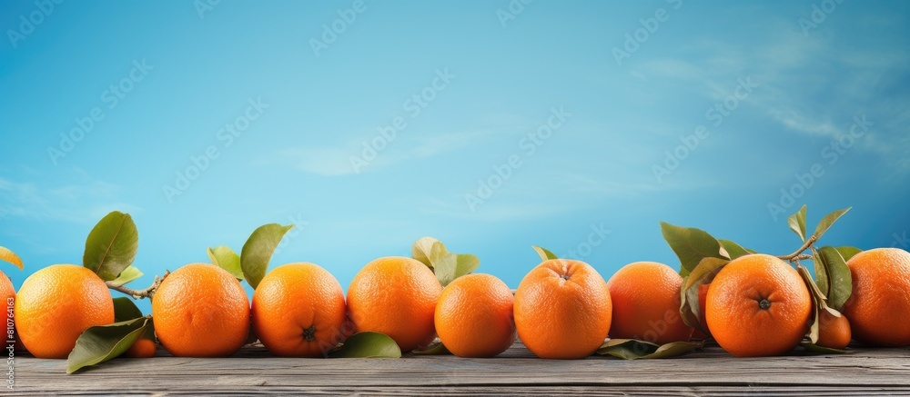 Aufkleber The vibrant orange fruits are displayed on a rustic wooden table creating a captivating contrast against the serene blue backdrop in the copy space image