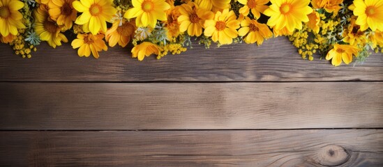 A vibrant assortment of yellow flowers adds a touch of color to a rustic wooden background creating a captivating copy space image