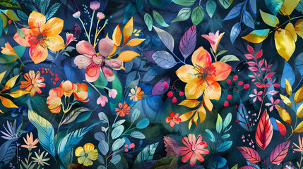 Multicolor watercolor allover  spring florals and plants.